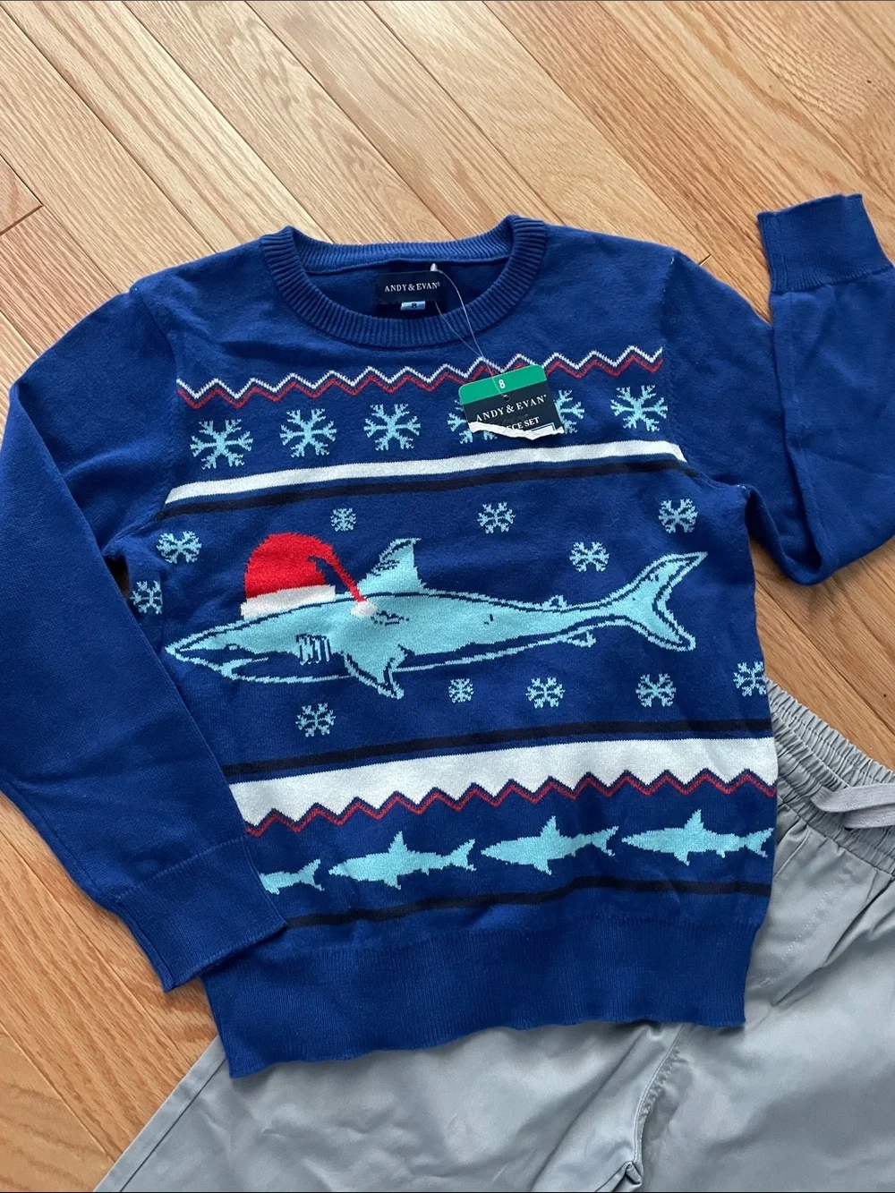 2pc Andy & Evan boys outfit size 8 gray pants blue holiday sweater nwt
